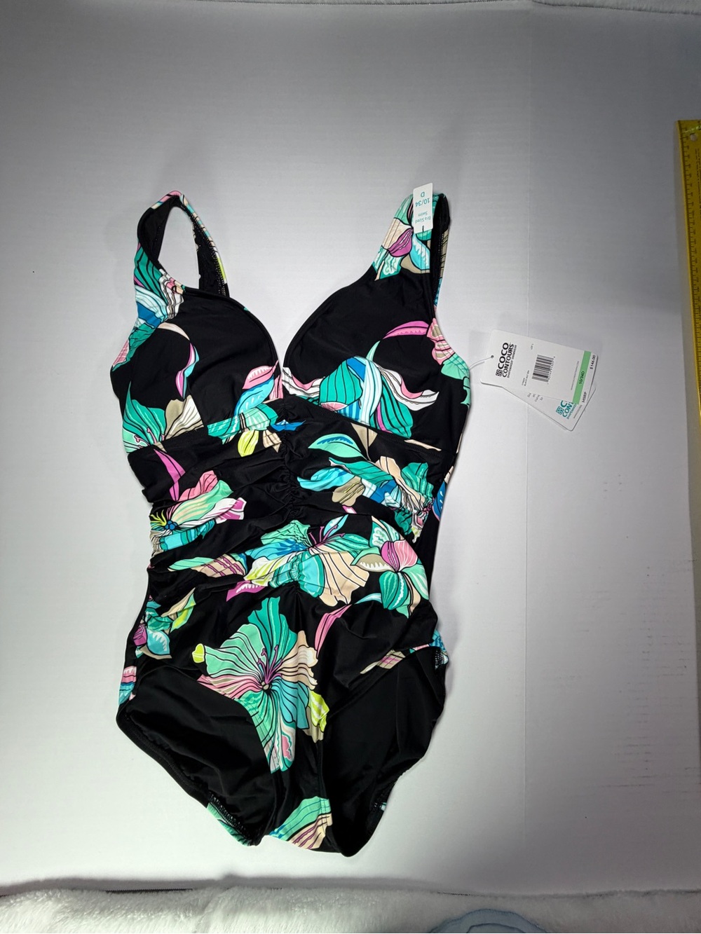 $146 Coco Reef Black One-Piece Swimsuit with Teal, Pink & Cream Floral Print